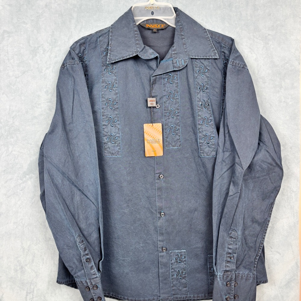 Inserch Mens Limited Edition Cotton Embroidered Button Down Shirt XL Grey Blue